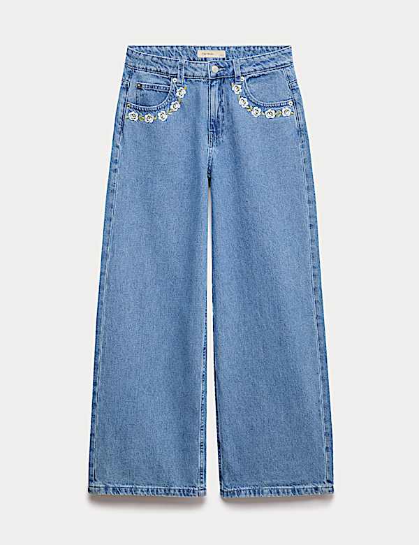 מכנסי ג'ינס רקומים בגזרה רחבה (6-&rlm;16 שנים) - IL