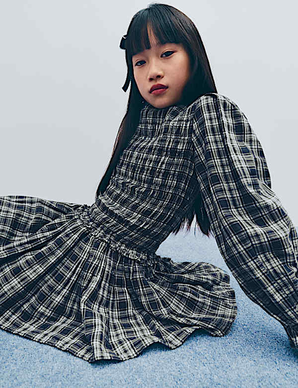 שמלה משובצת מכותנה טהורה (16-6 שנים) - IL