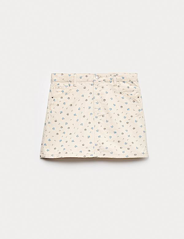 Jeansrock aus reiner Baumwolle mit Bl&uuml;mchenmuster (2&ndash;16 J.) - AT