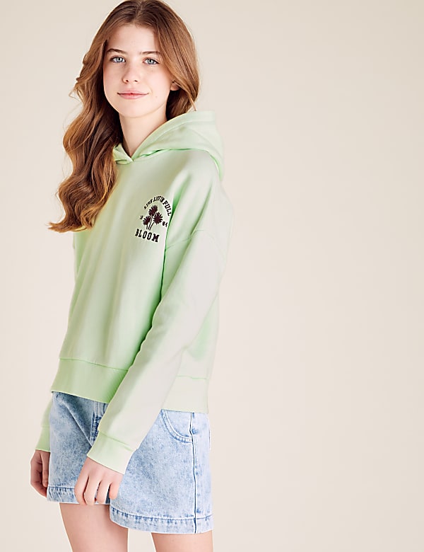 Cotton Flower Embroidered Slogan Hoodie (6-14 Yrs)