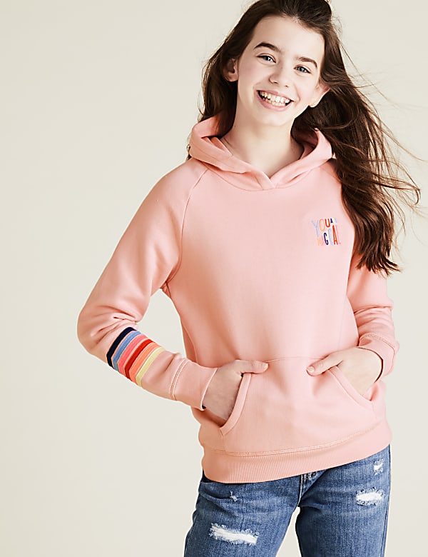 Cotton Rainbow Striped Slogan Hoodie
