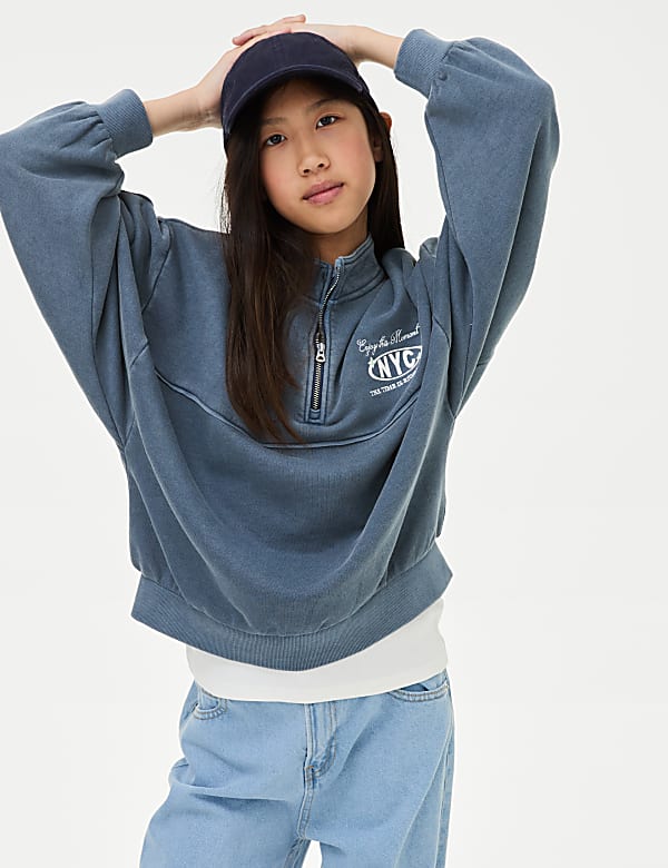Cotton Rich Graphic Half Zip Sweatshirt 6 16 Yrs BLUE Sweatshirts M S ES