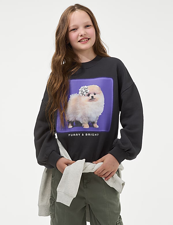 Cotton Rich Dog Graphic Sweatshirt 6 16 Yrs CHARCOAL Sweatshirts M S AT