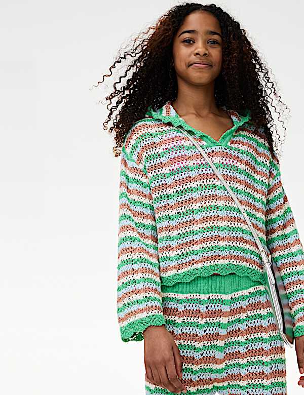 Cotton Blend Striped Knitted Hoodie (6-16 Yrs) - HR