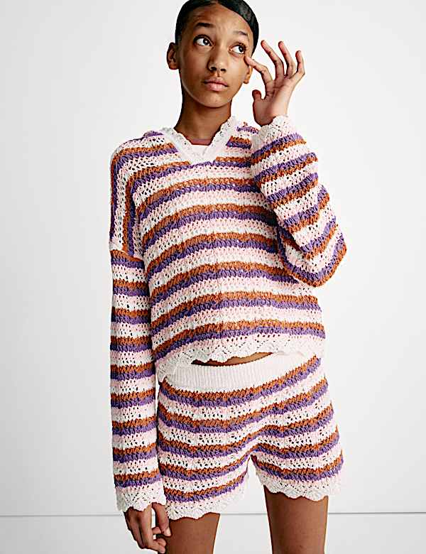 Cotton Blend Striped Knitted Hoodie (6-16 Yrs) - AL