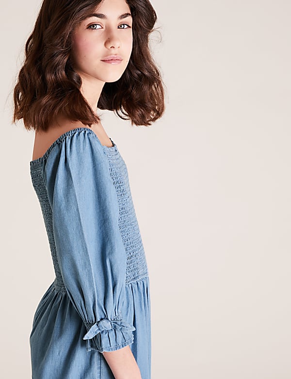 Denim Shirred Jumpsuit