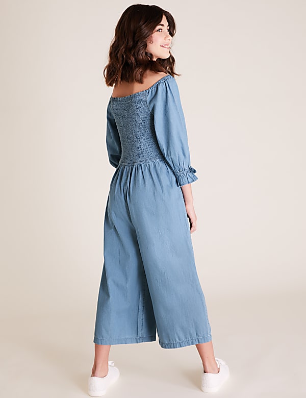 Denim Shirred Jumpsuit