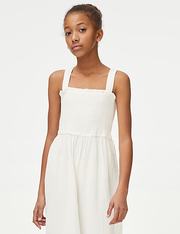 Pure Cotton Shirred Jumpsuit (6-16 Yrs)