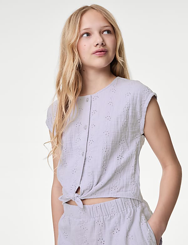 Pure Cotton Broderie Playsuit (6-16 Yrs)