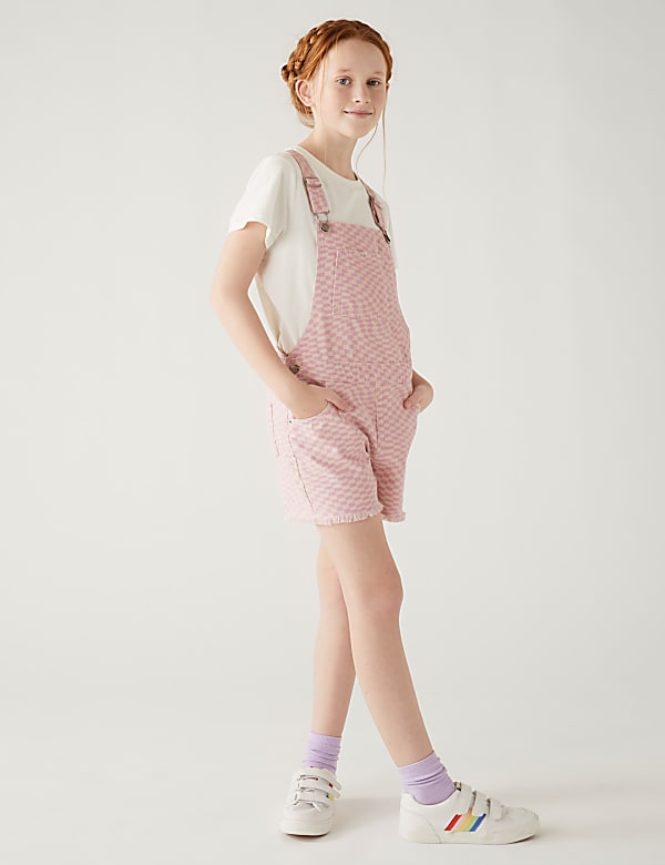 Denim Checkerboard Print Dungarees