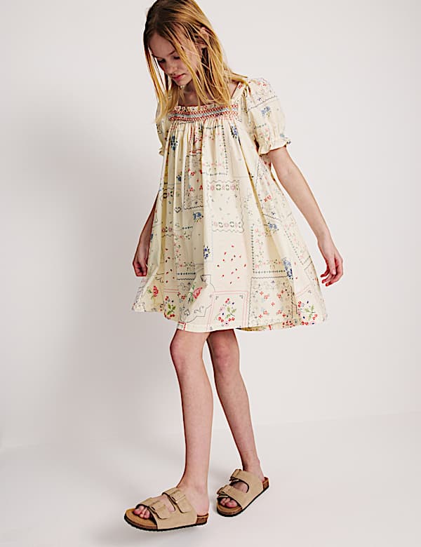 Pure Cotton Puff Sleeve Floral Mini Dress (6-16 Yrs)