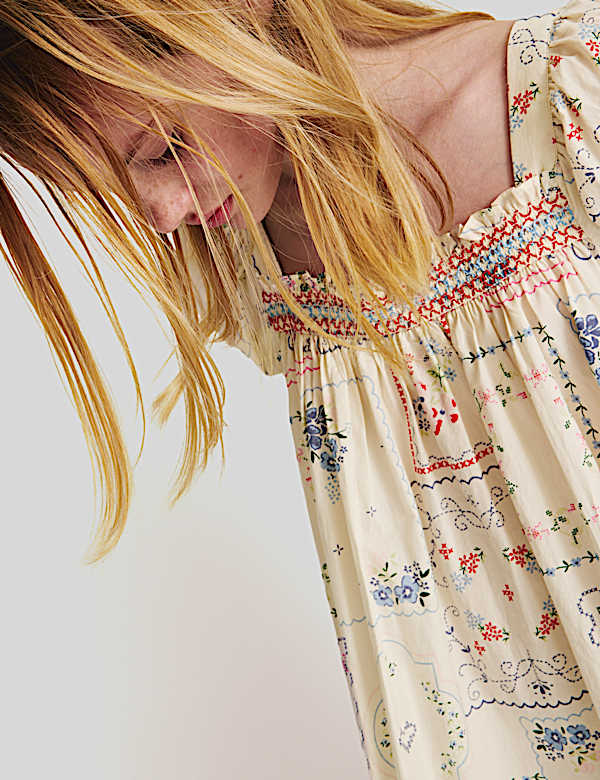 Pure Cotton Puff Sleeve Floral Mini Dress (6-16 Yrs)