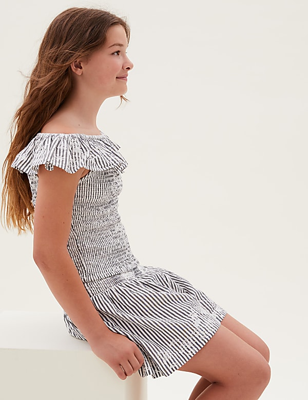 Pure Cotton Striped Seersucker Frill Top