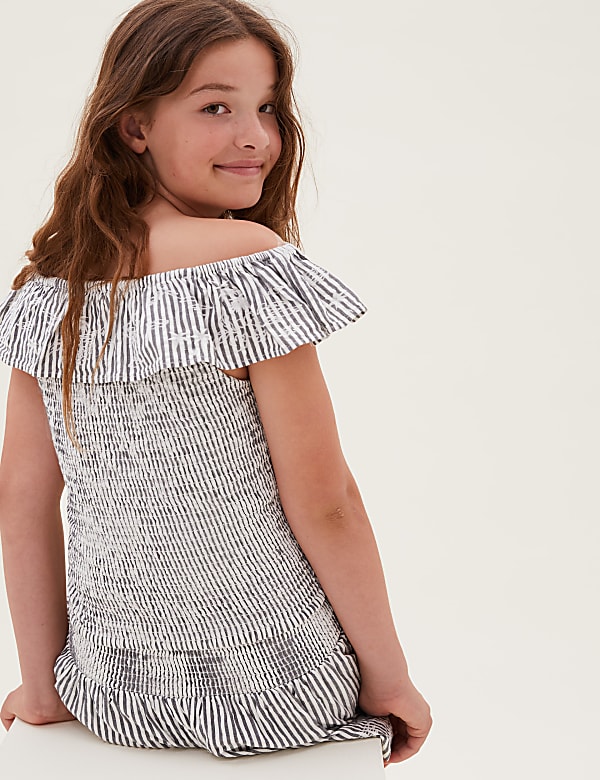 Pure Cotton Striped Seersucker Frill Top