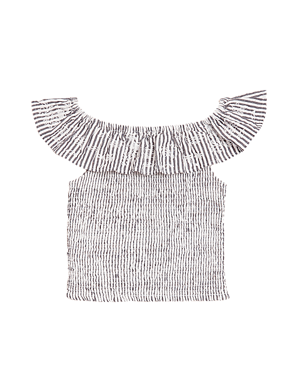 Pure Cotton Striped Seersucker Frill Top