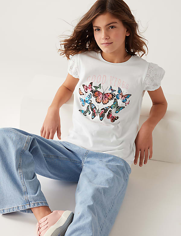 Pure Cotton Sequined Round Neck T-Shirt