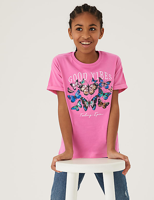 Pure Cotton Butterfly Sequin T-Shirt (6-16 Yrs)