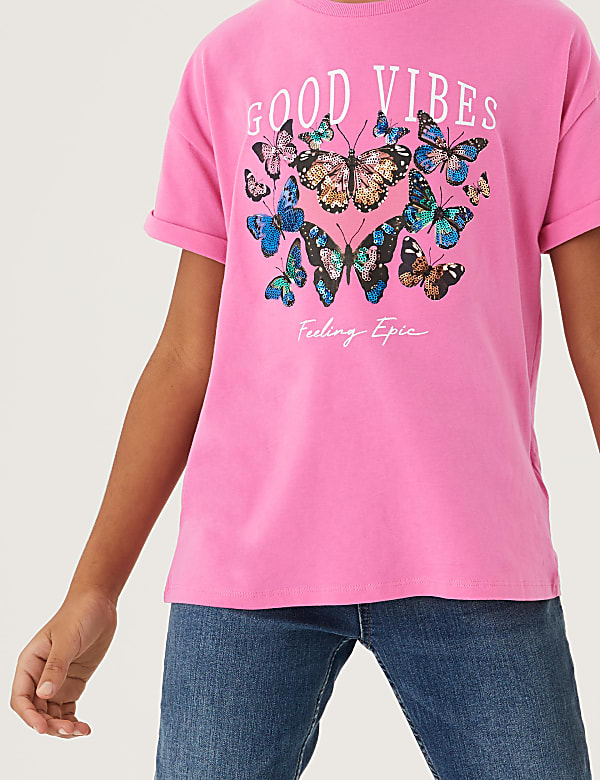 Pure Cotton Butterfly Sequin T-Shirt (6-16 Yrs)