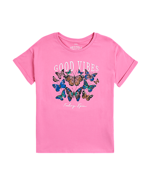 Pure Cotton Butterfly Sequin T-Shirt (6-16 Yrs)