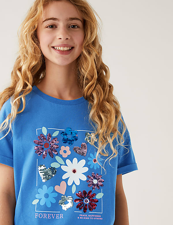 Pure Cotton Sequin Floral T-Shirt (6-16 Yrs)