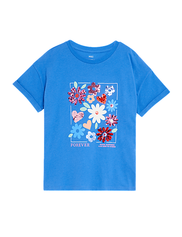Pure Cotton Sequin Floral T-Shirt (6-16 Yrs)