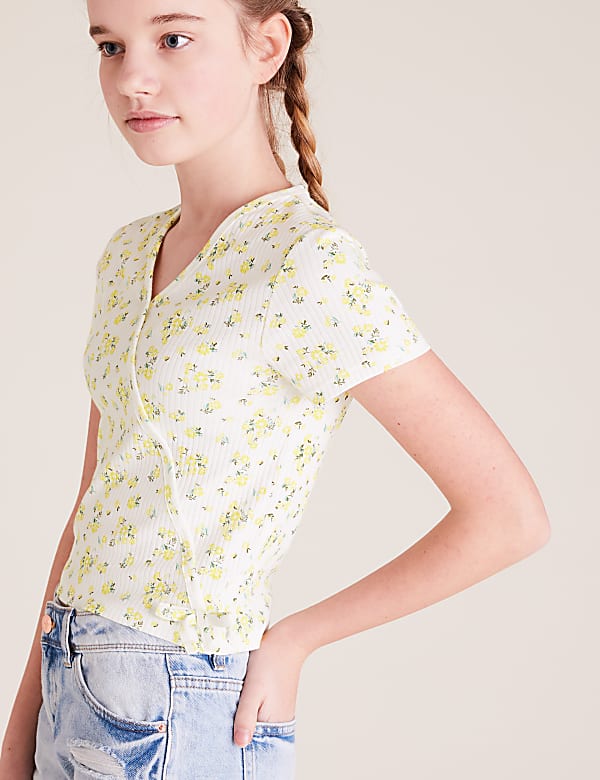 Pure Cotton Floral Ribbed Top (6-16 Yrs)