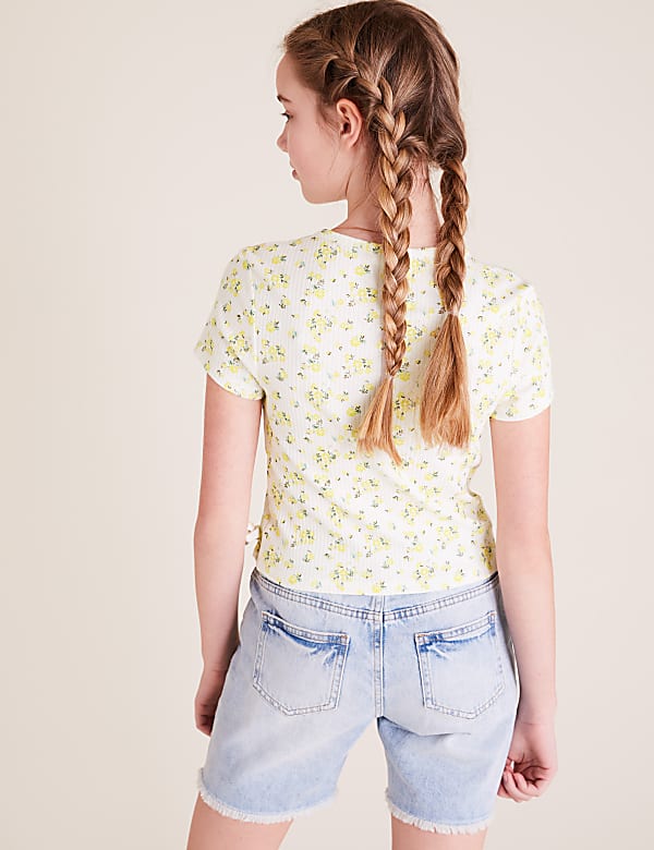 Pure Cotton Floral Ribbed Top (6-16 Yrs)