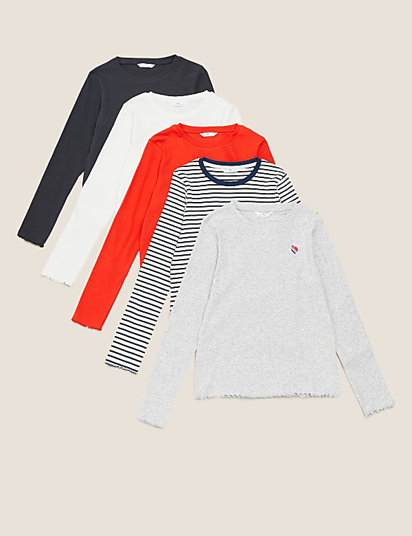 5pk Cotton Ribbed Long Sleeve Tops