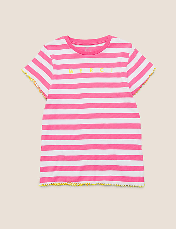 Cotton Merci Slogan Striped Ribbed T-Shirt (6-14 Yrs)