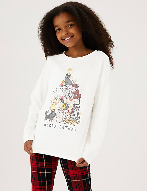 Pure Cotton Merry Catmus Slogan T-shirts (6-16 Yrs)