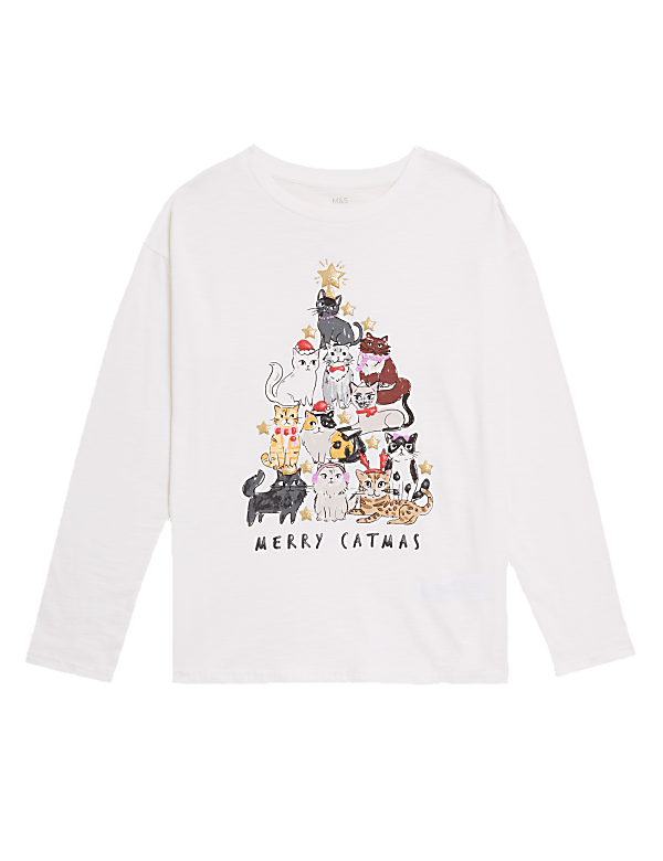 Pure Cotton Merry Catmus Slogan T-shirts (6-16 Yrs)