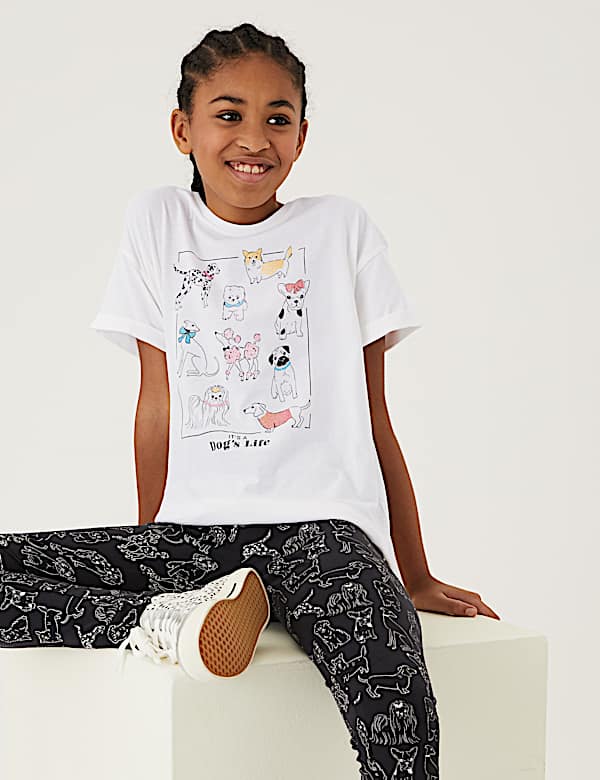 Pure Cotton Dog Print Slogan T-Shirt (6-16 Yrs)