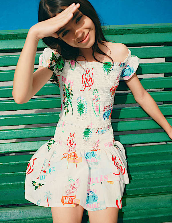 Pure Cotton Tropical Bardot Top (6-16 Yrs) - CY