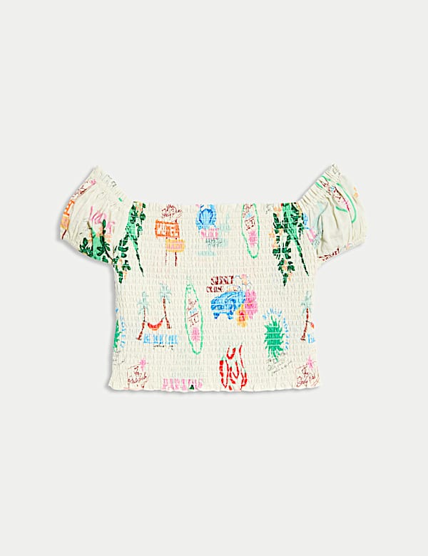 Nařasen&yacute; top Bardot s tropick&yacute;m motivem, z čist&eacute; bavlny (6&ndash;16 let) - CZ