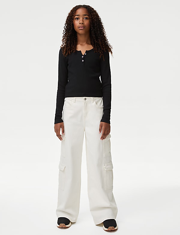 Cotton Rich Button Ribbed Top (6-16 Yrs)