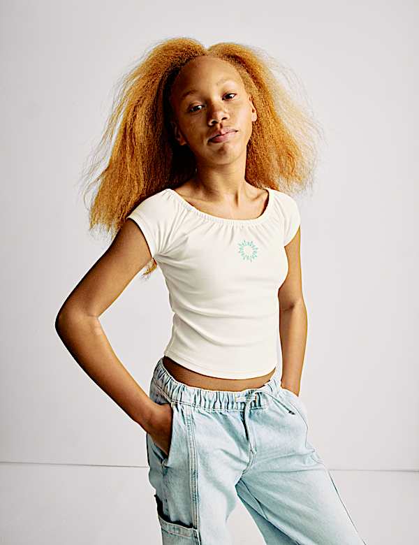 Cotton Rich Embroidered Cropped Top (6-16 Yrs) - CN