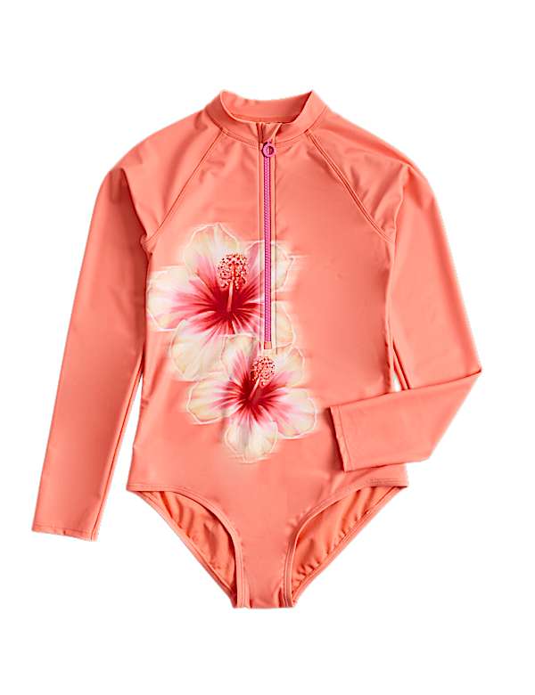 Hibiscus Print Long Sleeve Swimsuit (6-16 Yrs)