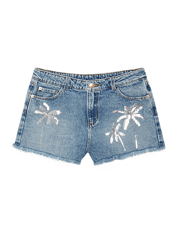 Denim Sequin Palm Tree Shorts (6-14 Yrs)