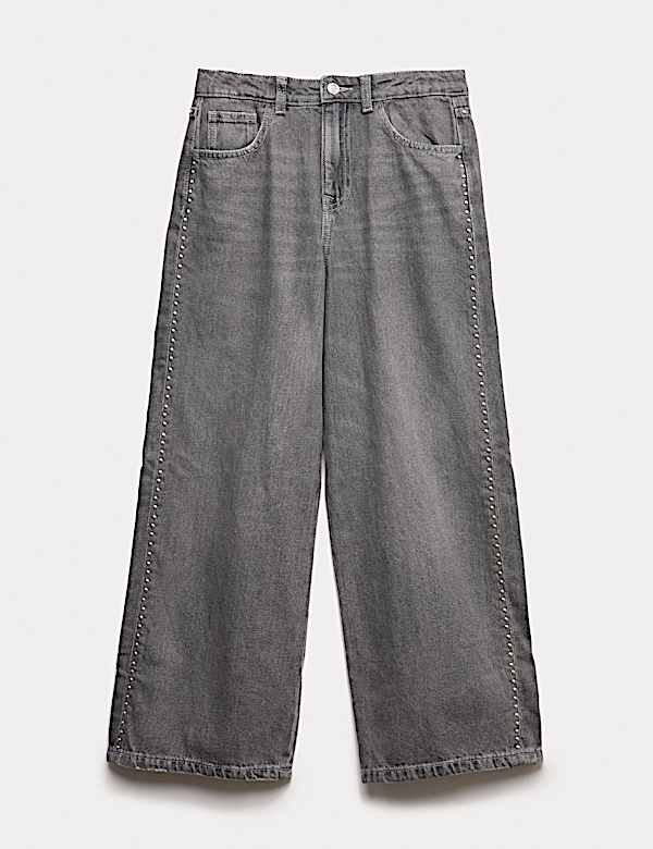 Pure Cotton Wide Leg Denim Stud Jeans (6-16 Yrs) - EE