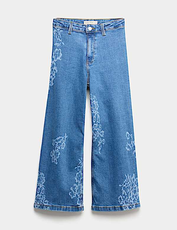 Katoenrijke jeans met wijde pijpen met bloemendessin (6-16 jaar) - BE