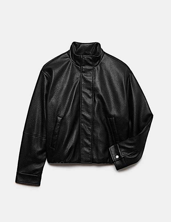 Funnel Neck Padded PU Jacket - AU