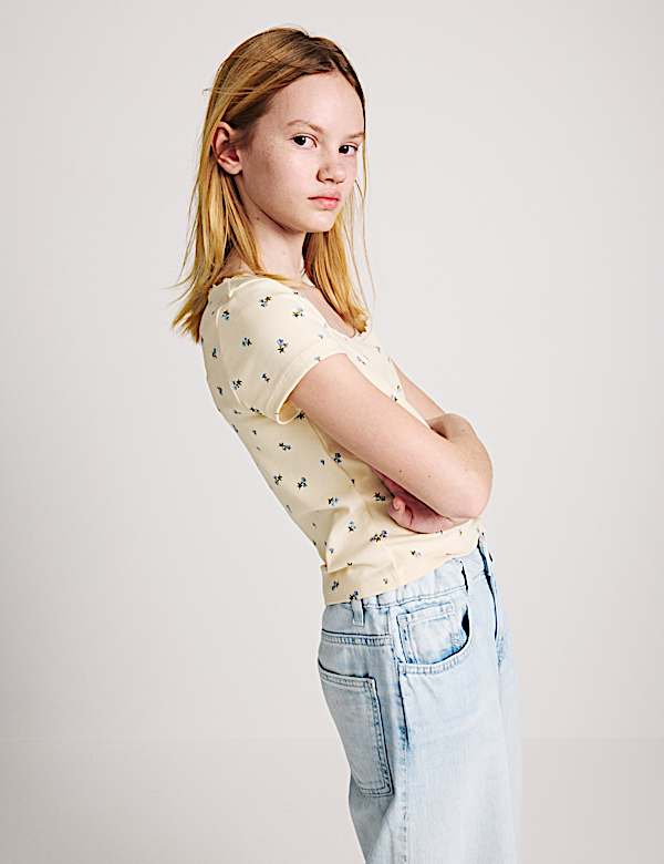 Cotton Rich Lace Trim Fitted Crop T-Shirt (6-16 Yrs)