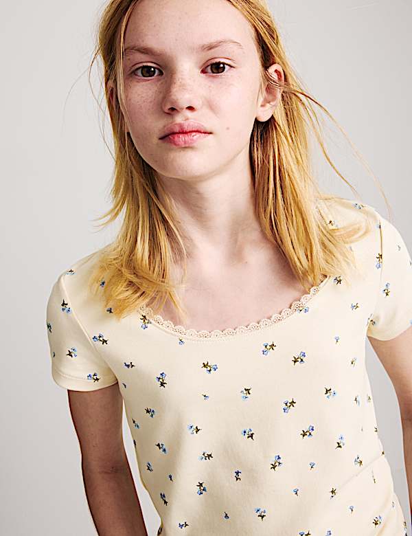 Cotton Rich Lace Trim Fitted Crop T-Shirt (6-16 Yrs)