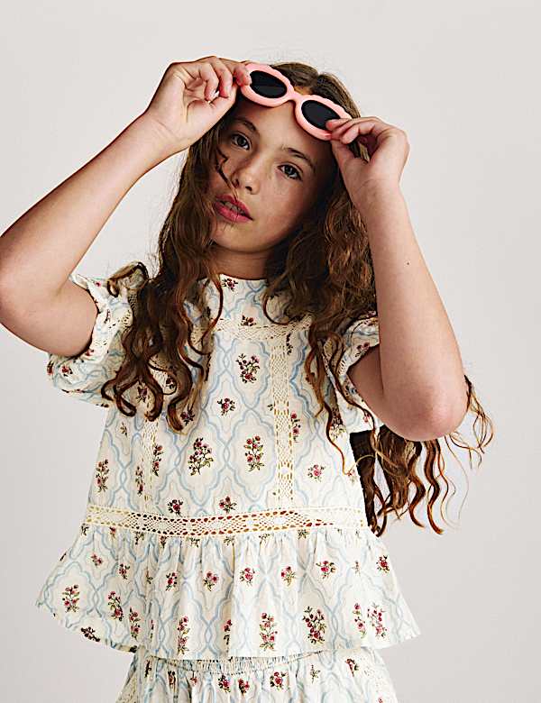 2 Piece Pure Cotton Floral Lace Trim Outfit (6-16 Yrs) - ID