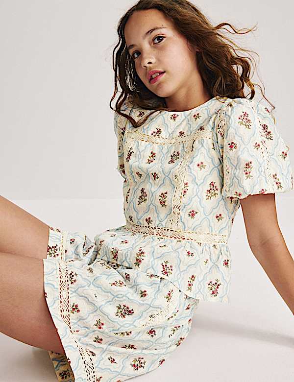 2 Piece Pure Cotton Floral Lace Trim Outfit (6-16 Yrs) - ID