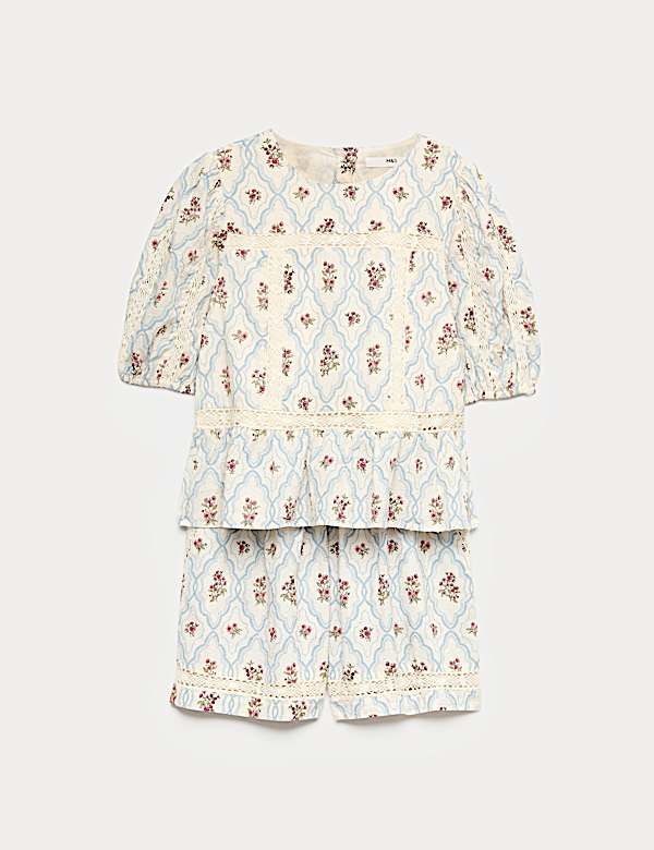 2 Piece Pure Cotton Floral Lace Trim Outfit (6-16 Yrs) - ID
