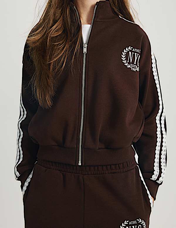 Sweat-shirt en coton enti&egrave;rement zipp&eacute; &agrave; bordure en dentelle (du 6 au 16 ans) - CA