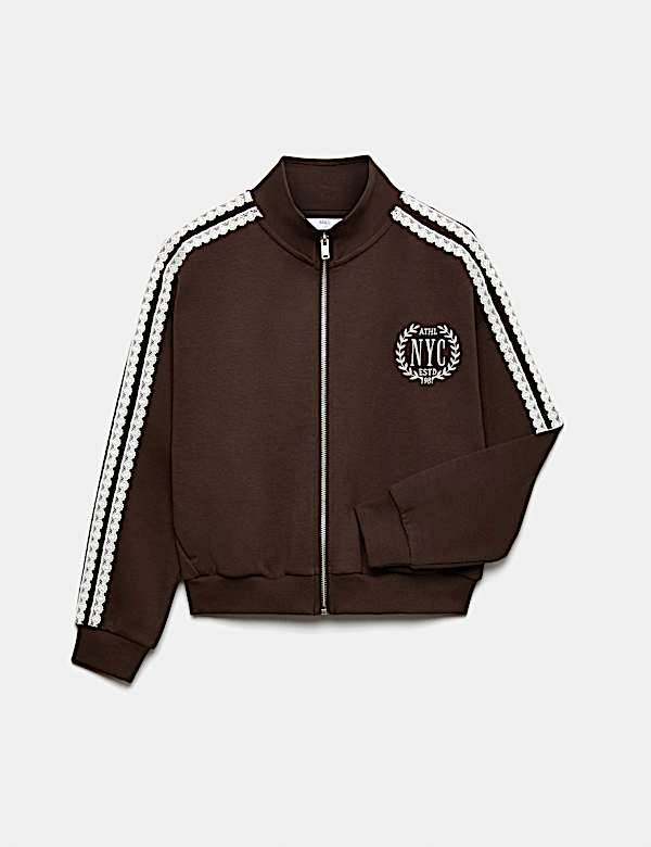 Sweat-shirt en coton enti&egrave;rement zipp&eacute; &agrave; bordure en dentelle (du 6 au 16 ans) - CA