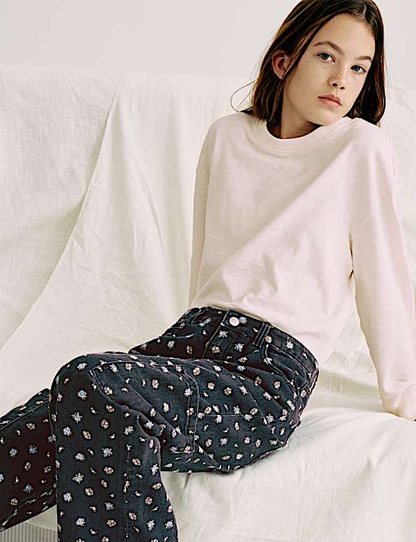 Jeans Kargo Kaki Lebar Motif Bunga (6-16 Thn) - ID