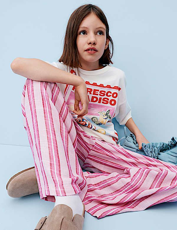 Linen Blend Striped Wide Leg Trousers (6-16 Yrs)